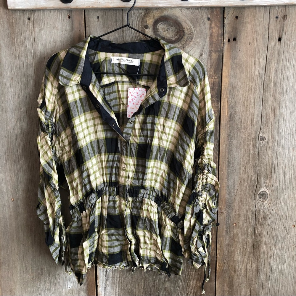 Free People Black Plaid Ruched Sleeve Pacific Dawn Button Down Shirt Large